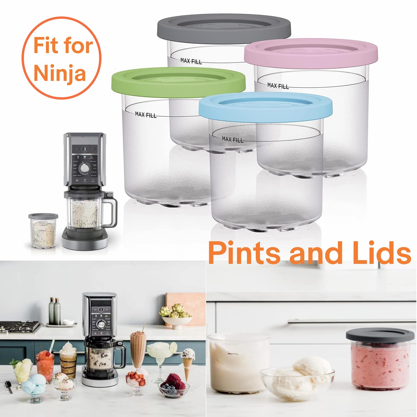 Lot De 4 Récipients à Crème Glacée 16oz Avec 5 Cuillères - Compatible Ninja Creami NC300 NC299AMZ - Accessoires Machine à Glace