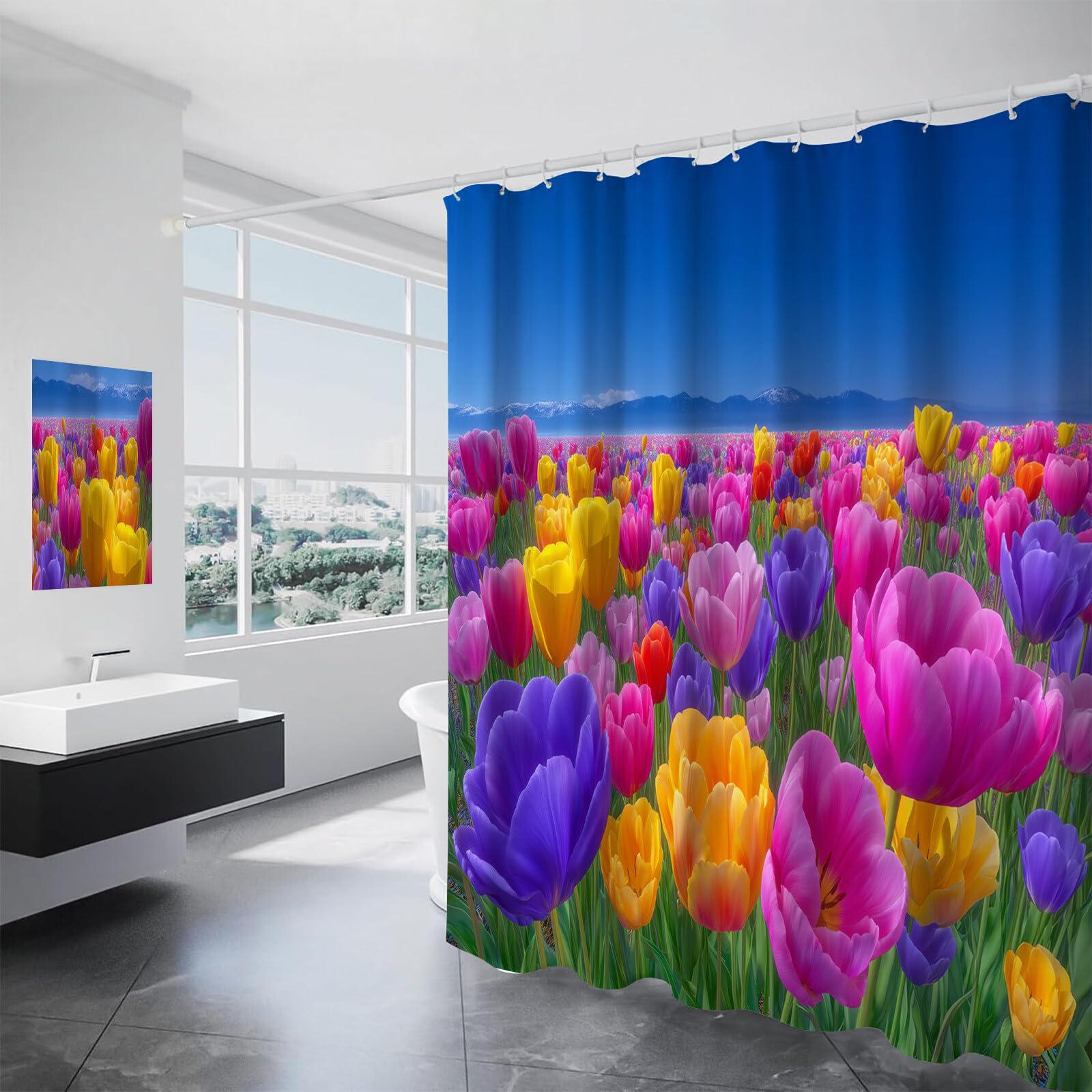 Rideau Douche,Rideau Baignoire Lavable en Machine Rideaux Douche Tissus Lavable Rideau De Baignoire Lavable pour Salle De Bain Domicile Baignoire Famille,Champs De Tulipes,200L X 240H Cm