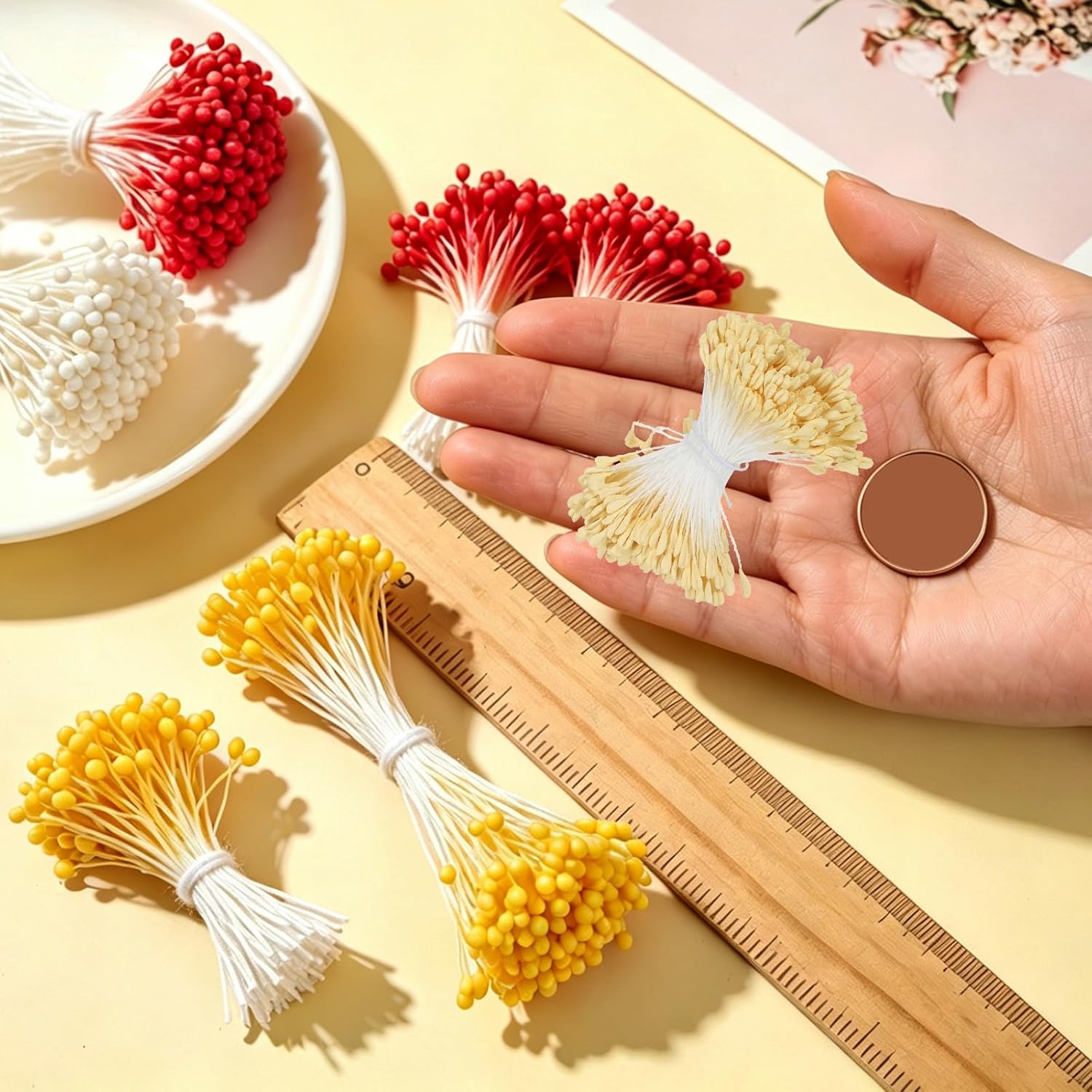 PATIKIL 2.5mm Double Heads Flower Stamen, 340 Pcs Artificial Flower Stamen Pistil Matt Pearl Floral Stamen for DIY Christmas Card Wedding Decoration, Light Yellow