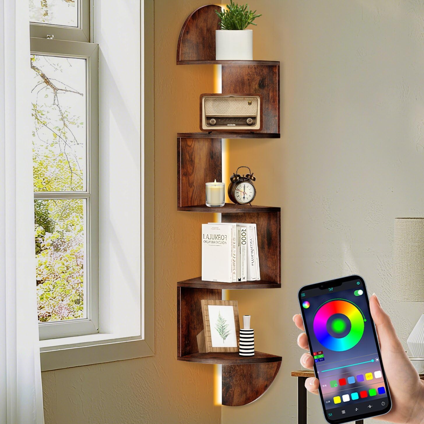 Corner Shelf, 5 Tier Corner Shelf Wall Mounted with Light, Corner Floating Shelves, Corner Bookshelf Stand for Bedroom, Bathroom, Living Room, Kitchen, Home (Rustic Brown)