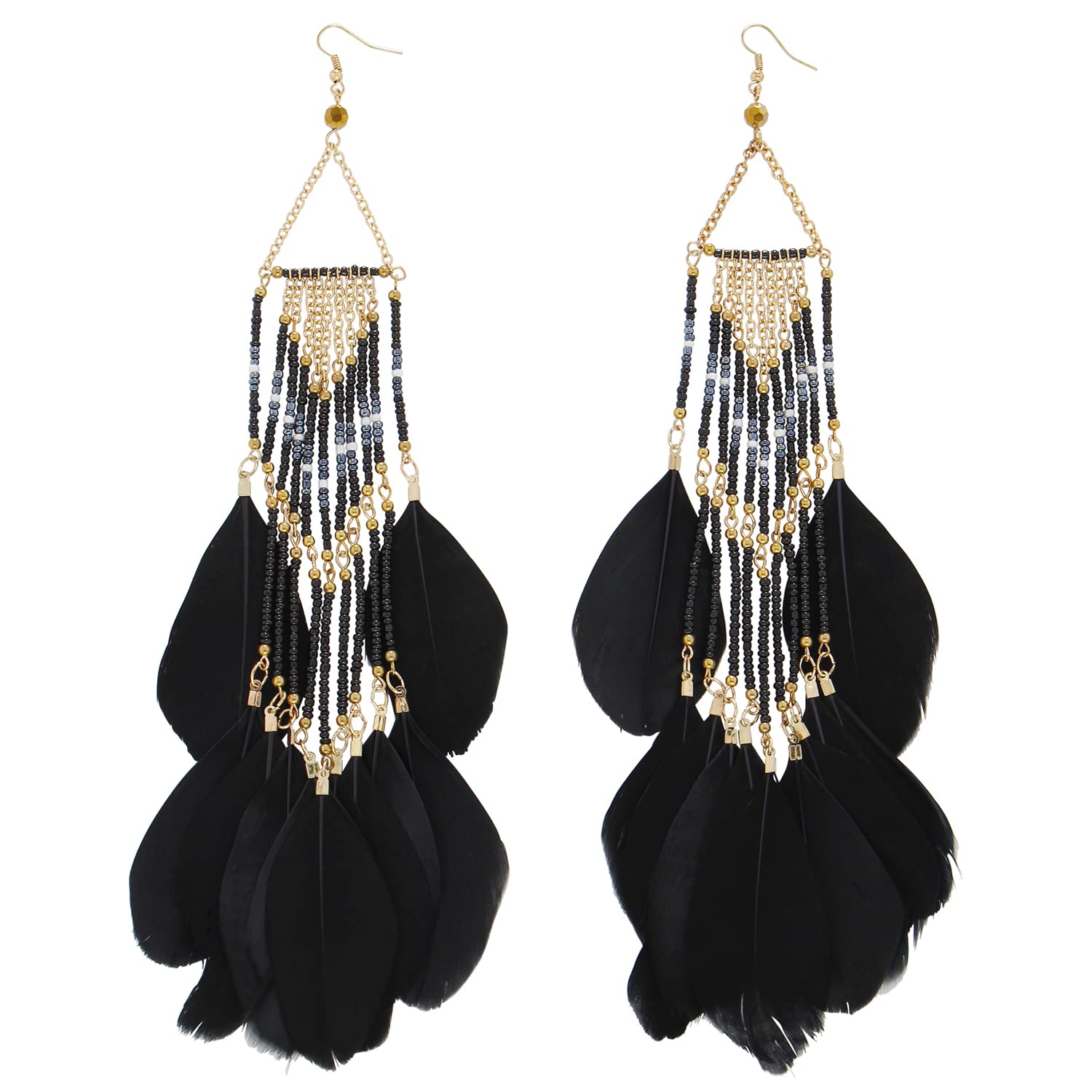 Women Faux Feather Earrings Bohemian Seed Beaded Earrings with Feather Tassel for Women