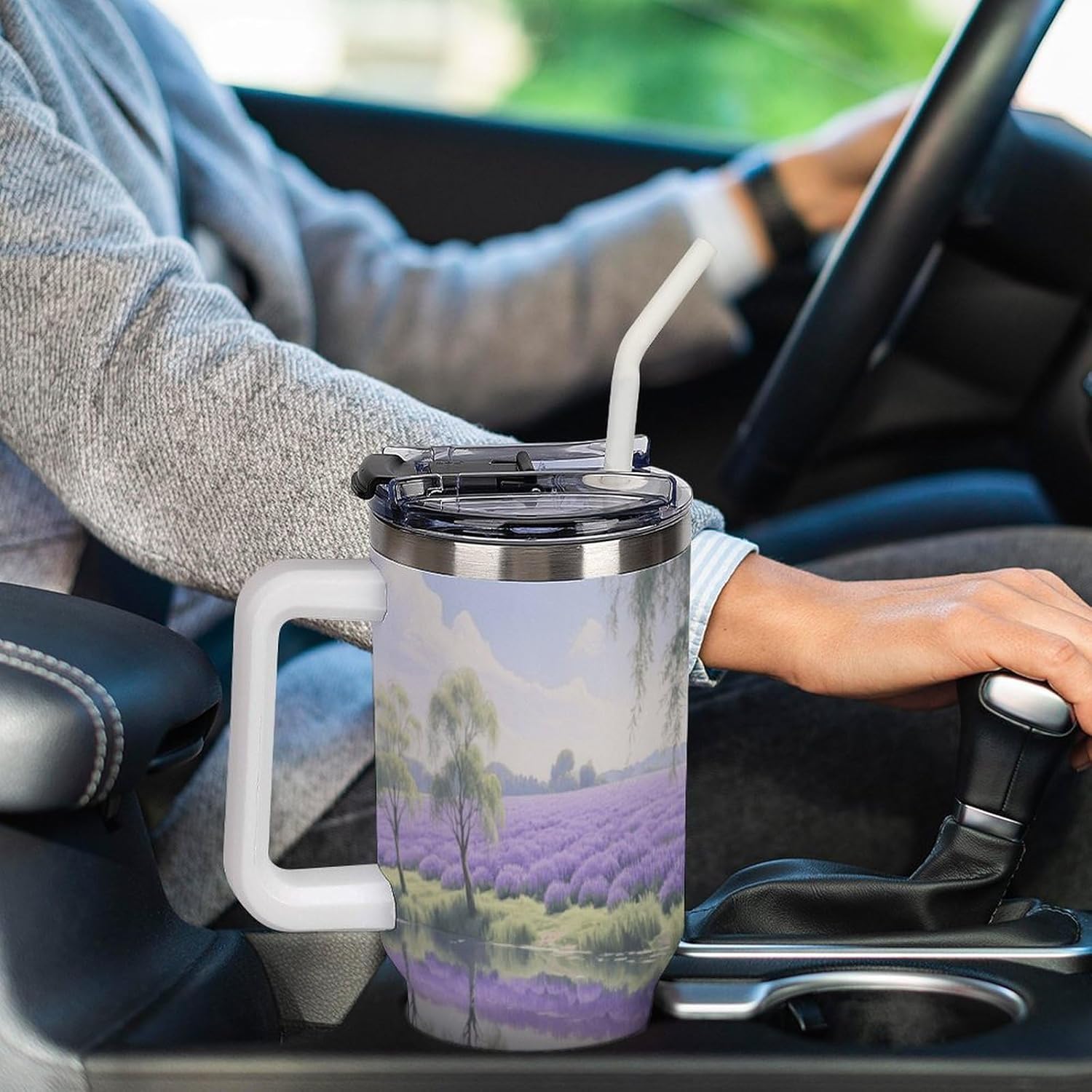 Travel Coffee Mug 40OZ Thermo Cups Thermos Cup Drink Cups Lavender Lake Thermos with Cup with Handle Lid And Straw Suitable for Gifts Parties Offices Traveling