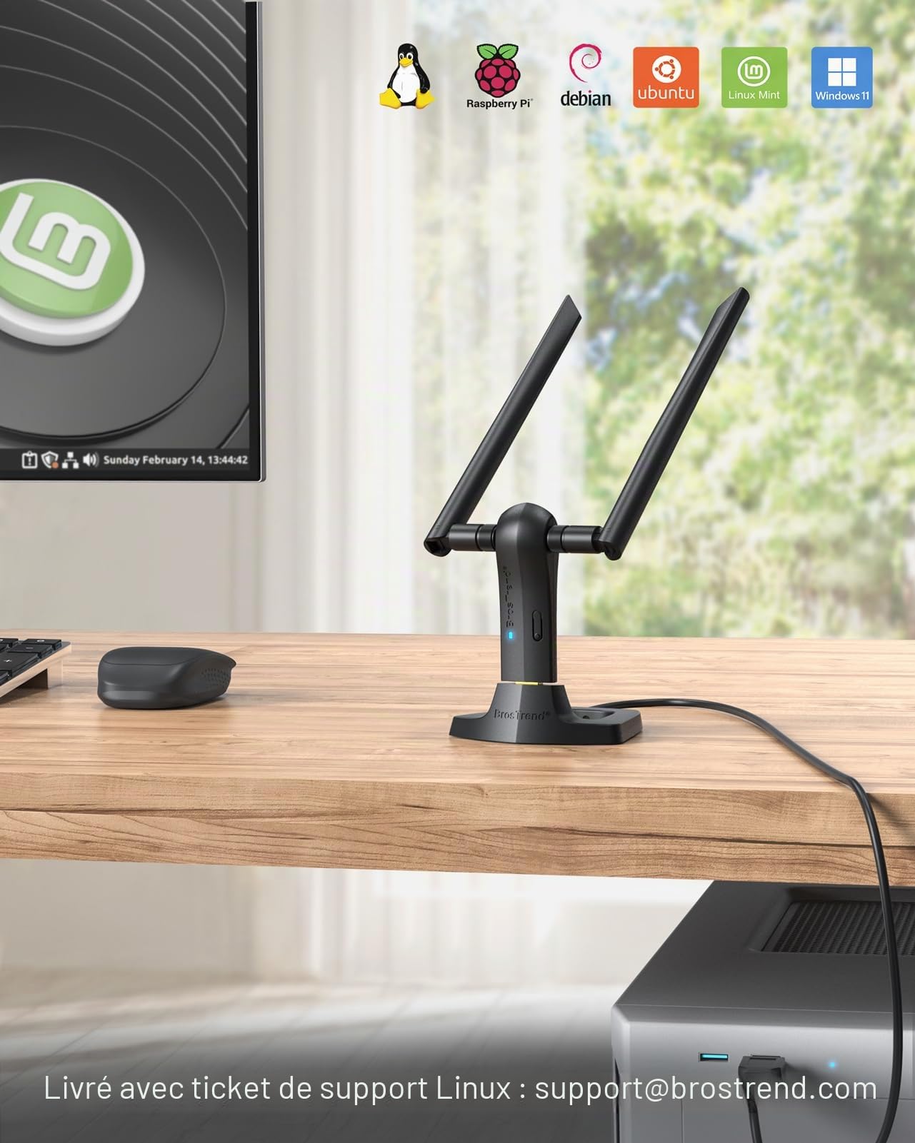 BrosTrend 1200Mbps Linux USB Clé WiFi Adaptateur Compatible avec Kali, Ubuntu, Mint, Debian, Raspbian, Lubuntu, Xubuntu, Mate, Zorin, Raspberry Pi 2+, Windows 11, Longue Portée 2 X 5dBi Antennes, WPA3