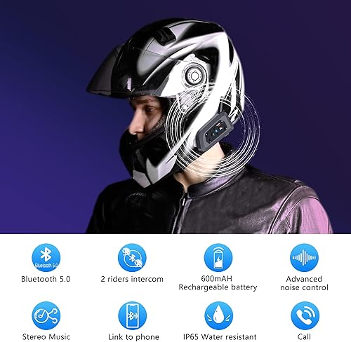 Miniatura 3 de Casco de motocicleta Bluetooth5.0, auriculares de 2 vías 800M con cancelación de ruidoradio FM, kit de comunicación de motocicleta, 2 en 1 para