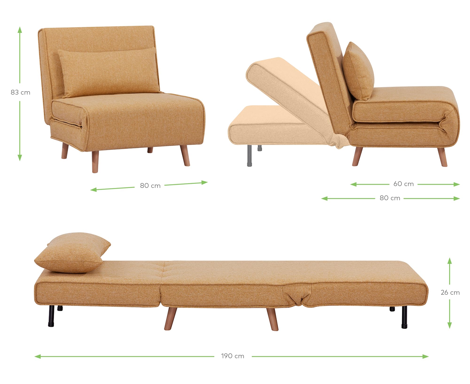 EVERGREENWEB Poltrona Letto Singolo con Cuscino Imbottito INCLUSO, Tessuto Giallo, Divano 1 Posto Salvaspazio Pieghevole, Pouf Poggiapiedi, Comodo Schienale Regolabile Clic Clac, Gambe in Legno, FOLDY