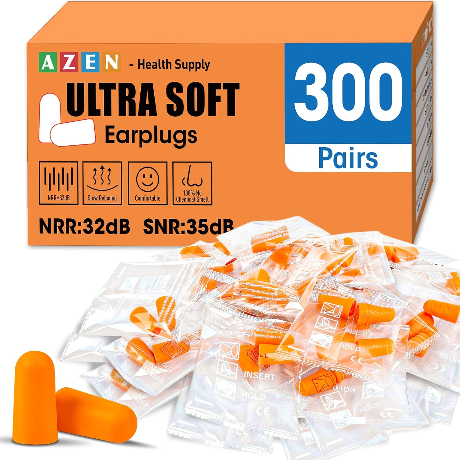 AZEN 300 Pairs Ear Plugs, NRR 32dB Soft Foam Ear Plugs for Sleeping Noise Cancelling, Earplugs for Concerts Shooting Swimming Noise Reduction,Individually Wrapped (Lake Blue)