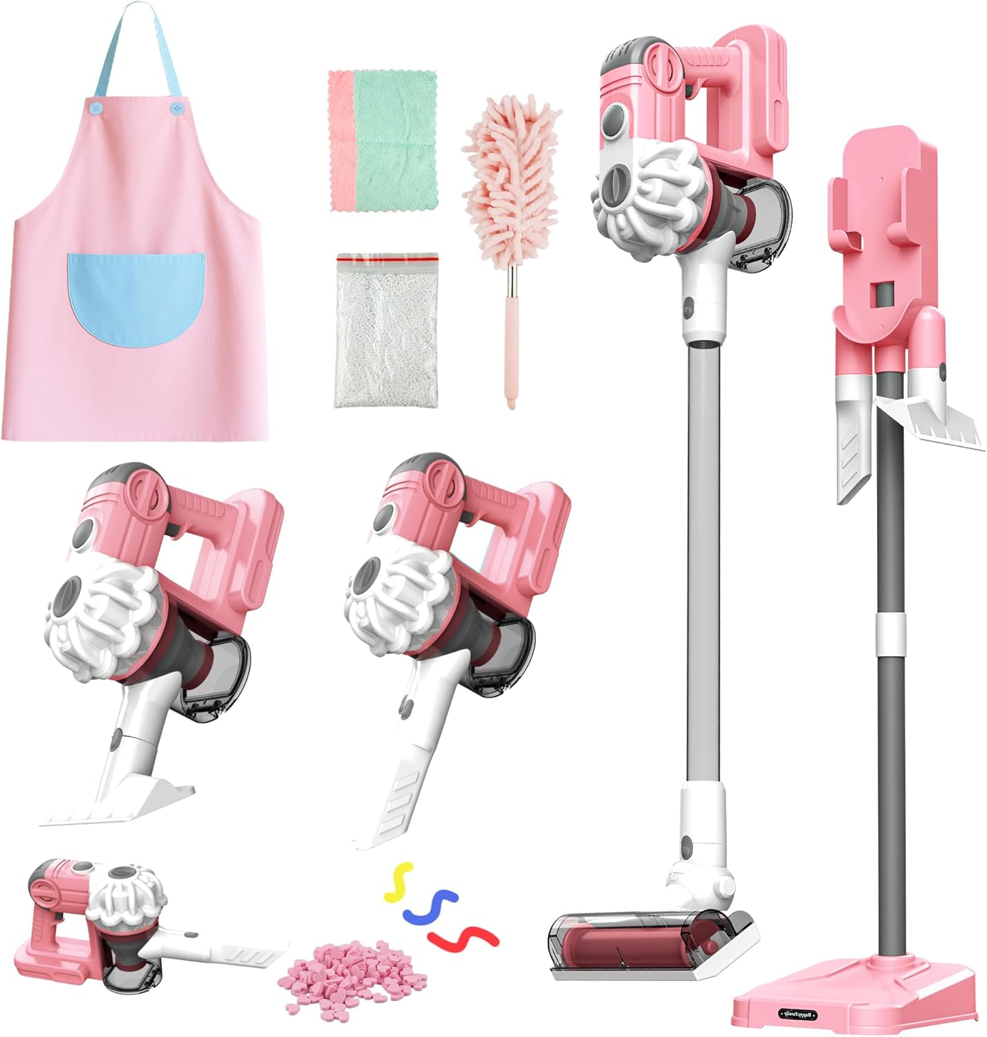 SMILESSKIDDO Kids Vacuum That Really Works - 3-in-1 Toy Vacuum with Real Suction, Apron, Cleaning Cloth, Duster & Colorful Beads, Toddler Cleaning Toy Set, Housekeeping Toy Gifts for Girls & Boys Pink