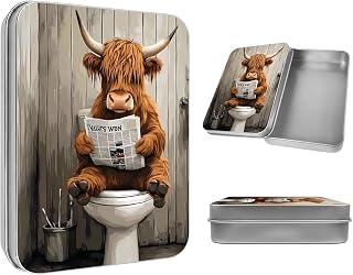 Funny Cow Reading on Toilet Rectangular Metal Tin Box with Lid (4.5x3.3)- Silver Matte Storage Container for Gifts, Organizers, DIY Crafts, Options for Home Office Essentials