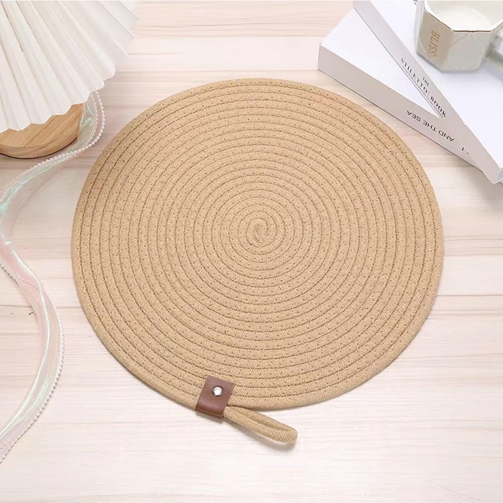 Lot de 6 sets de table à manger, 33 cm, en coton, avec cordon de cou, ronds, lavables, avec motif, pour la maison, le restaurant, la table à manger, kaki