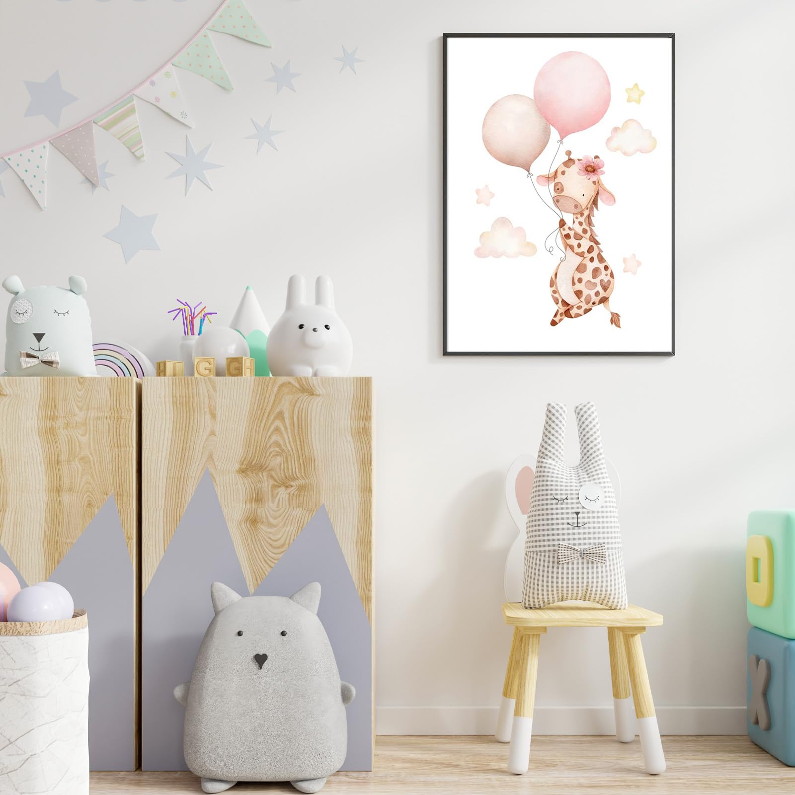 Eclove Set di 4 Poster per Cameretta Bambini - Animali ad Acquerello con Volpe Rosa & Giraffa, Decorazione Murale per Nursery e Cameretta di Bambina, Senza Cornice (21x30 cm A4)