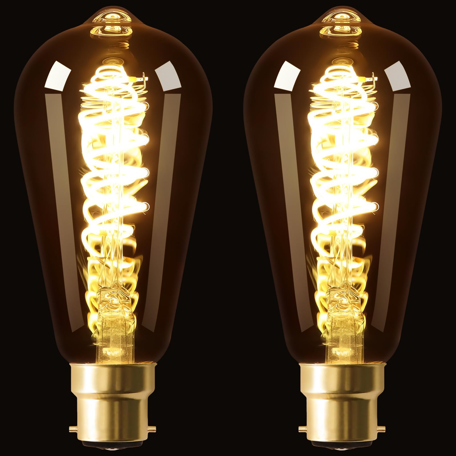 Terafeels 2 Pack B22 Vintage LED Light Bulbs, ST64, 4W, 2700K Warm White, Antique Style Retro Amber Glass,Spiral Filament, Dimmable Bayonet Light Bulb
