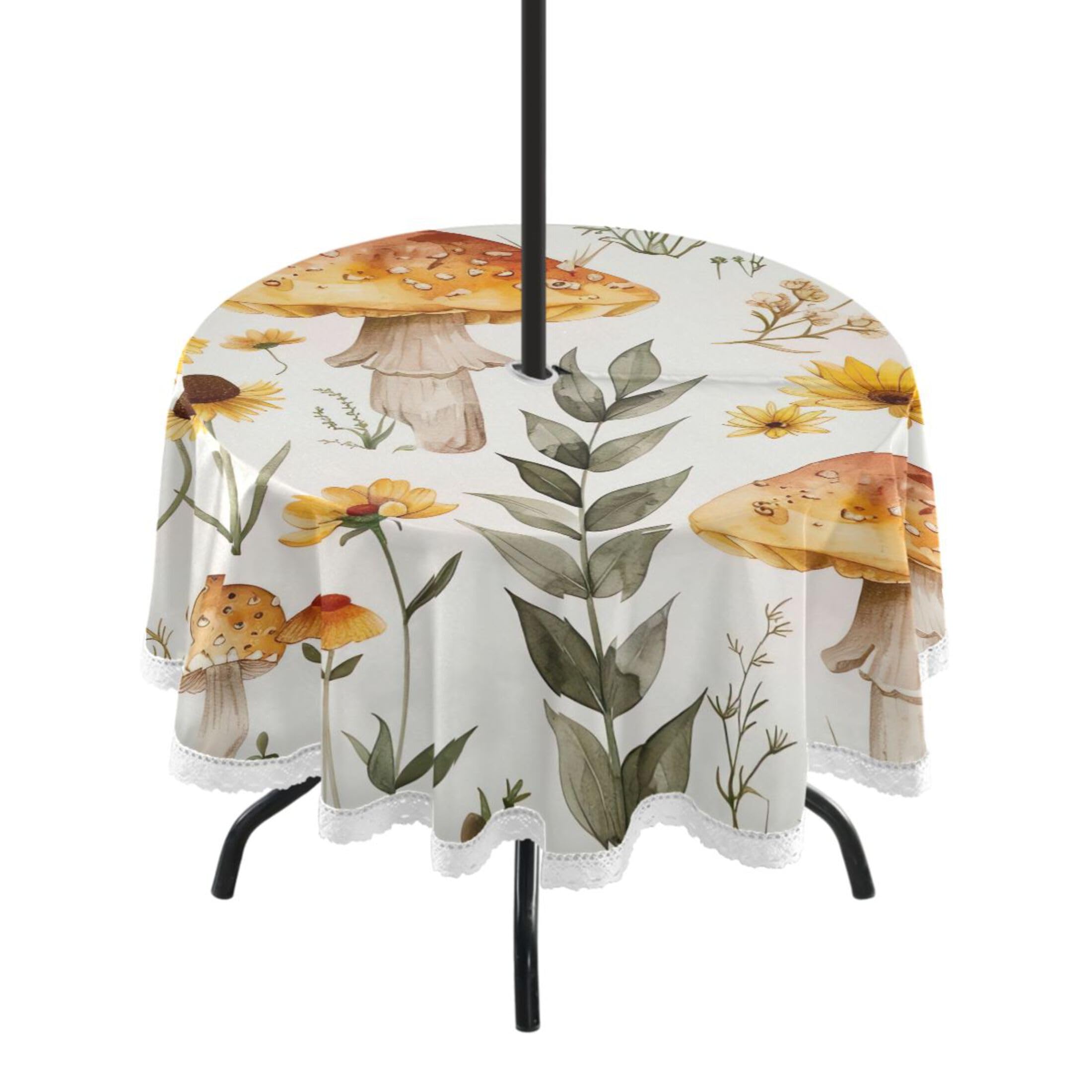 Mantel redondo de 152 cm, diseño de hongos, de poliéster, con borde de encaje, con agujero para sombrilla y cremallera, fácil de limpiar para cocina, comedor, patio, picnic