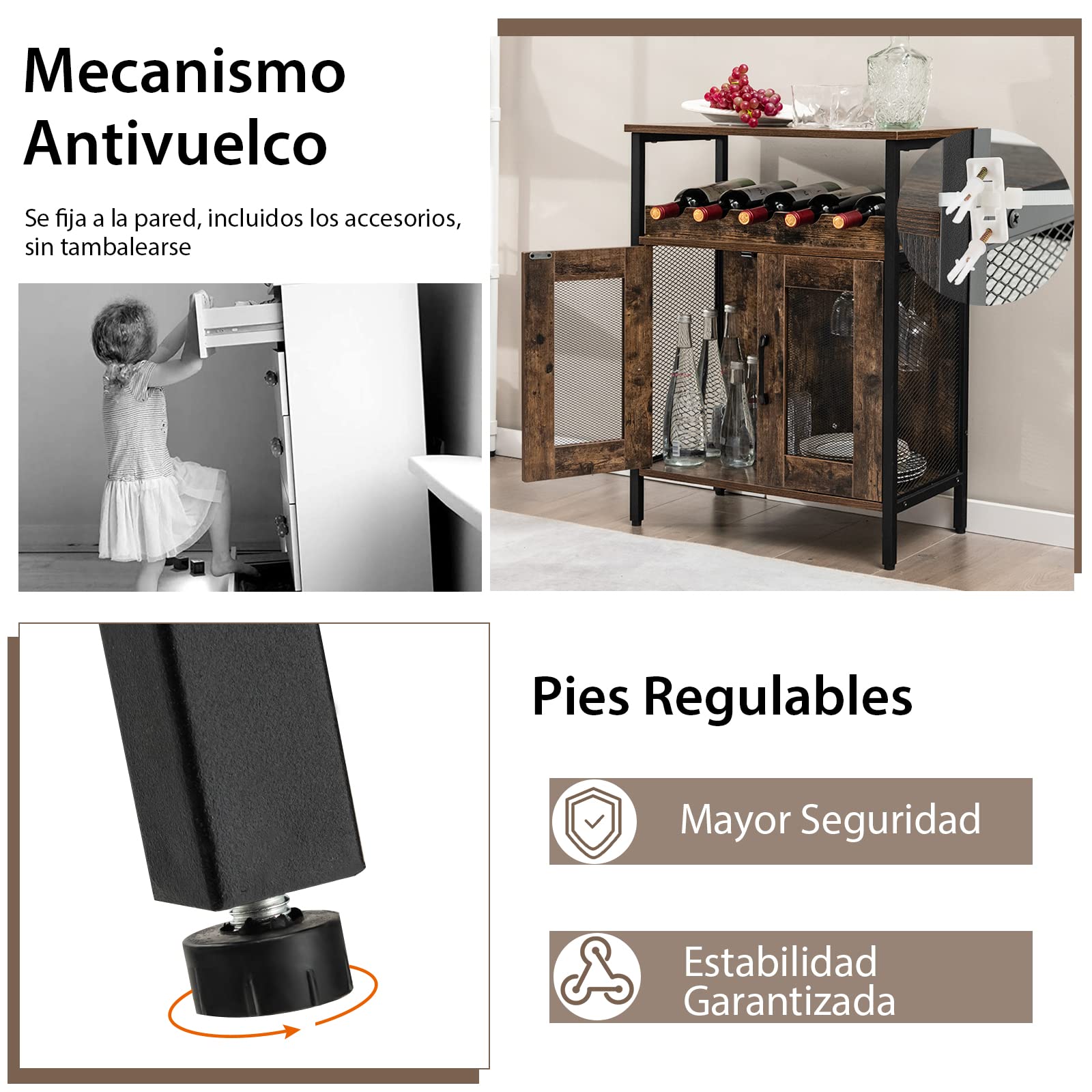 COSTWAY Armario Bar de Vinos, Armario para Licores en Casa con Estante Extraíble para Vinos y Portavasos, Armario Bar de Café con Almacenaje, Aparador Industrial con Puertas para Cocina (Café)