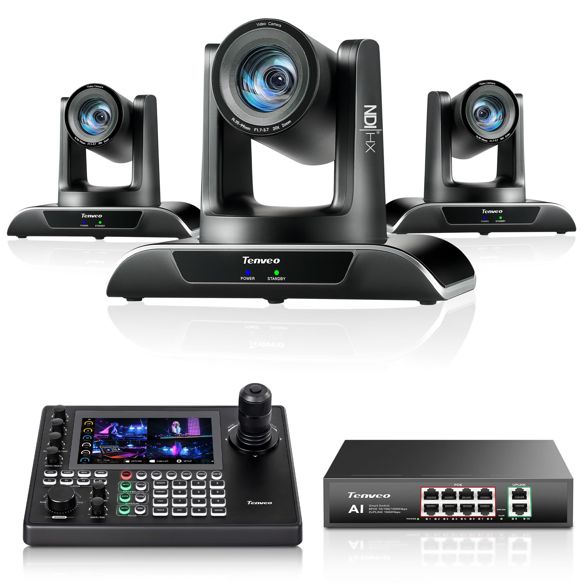 Tenveo NDI PTZ Kamera 20x Optischer Zoom mit AI Auto-Tracking, HDMI/LAN/USB3.0 PoE(VHD20H-AI-N*3)+ NDI|HX3 Controller für PTZ-Kameras mit 7"-Touchscreen+ 8-Port Gigabit PoE