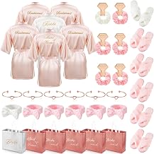 Shyyween Bride and Bridesmaids Robes Set of | Wedding Bridal Party Gift Bags with Slippers Scrunchies Eye Masks Bracelets, Silk Satin for Bachelorette, Plus Size