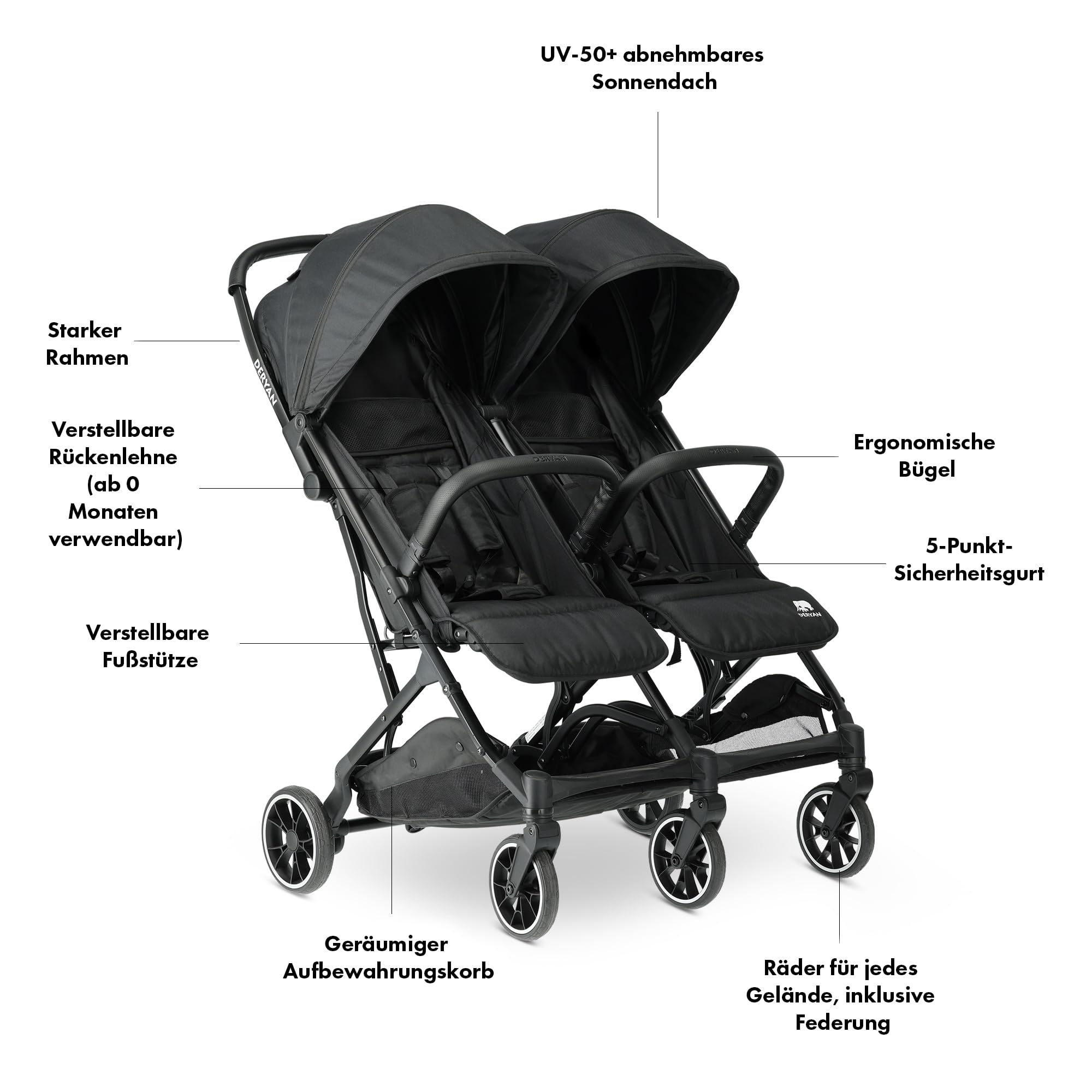 Deryan Rolo X2 Kinderwagen Buggy 2 in 1 - klappbar bis 44kg - Schwarz