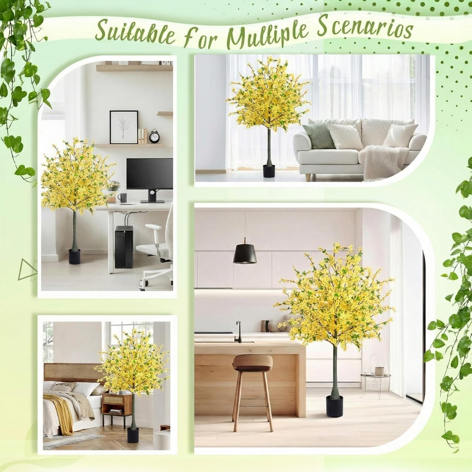 1 Pack 4FT Yellow Artificial Forsythia Tree, Faux Spring Forsythia Flower Branches Plant with Pot, Lifelike Fake Tree for Living Room Corner, Entryway, Porch Indoor Outdoor Decor