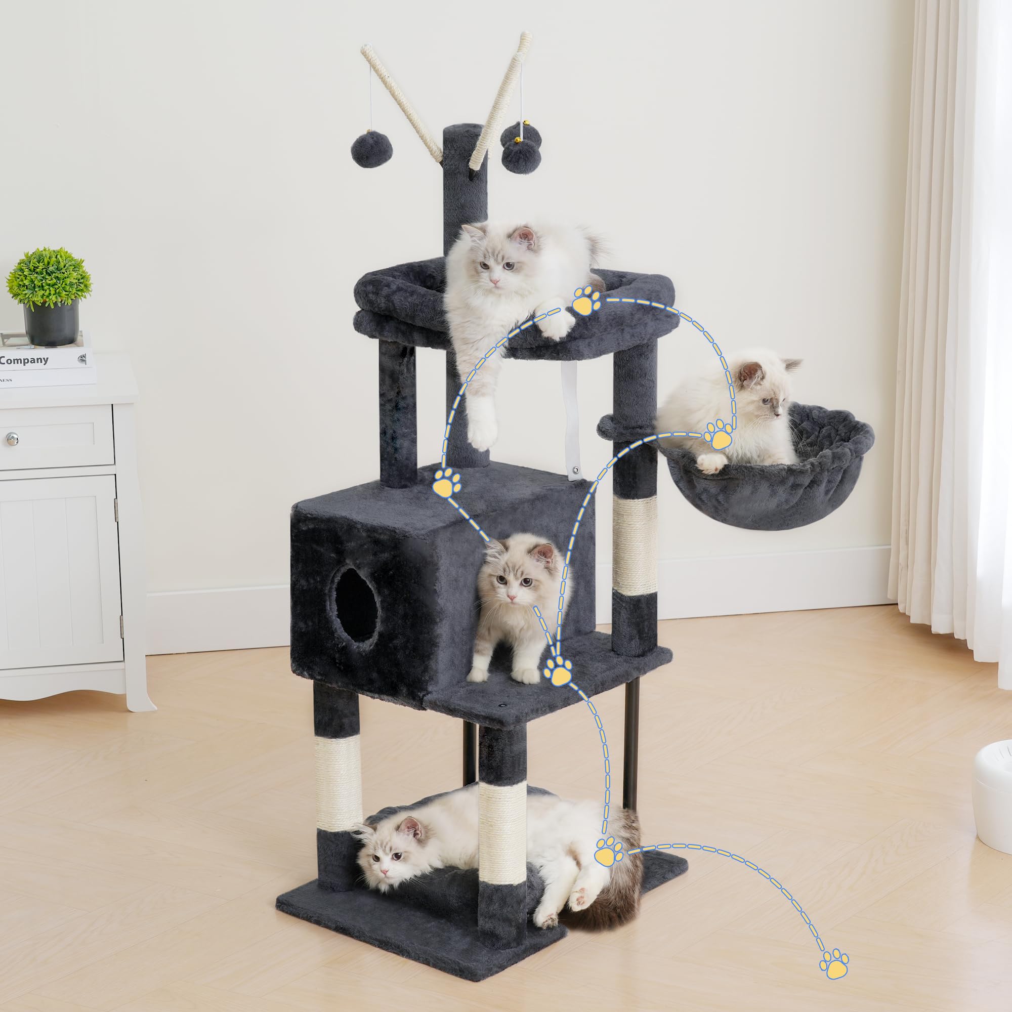 Heybly Tiragraffi per Gatti da Interno 115 cm, Albero per Gatti con Ampia Piattaforma, Cuccia Morbida, Nicchia Nascosta, Amaca, Torre con Tiragraffi e 3 Giochi Pendenti, Grigio Fumo HCT202SG