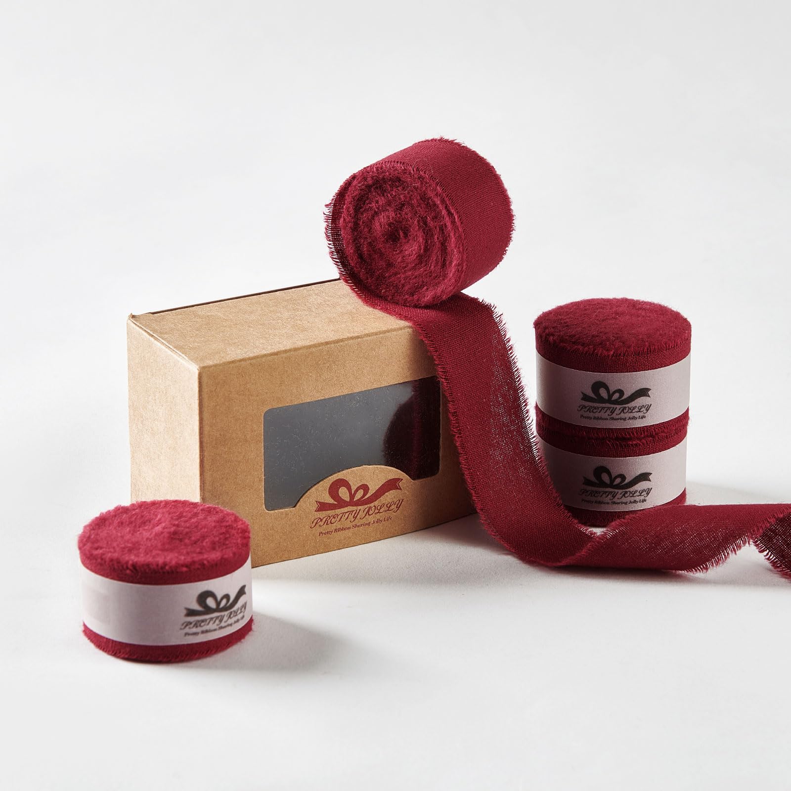 Pretty Jolly Maroon Cotton Ribbon for Gift Wrapping Handmade Rustic Frayed Ribbon for Flower Bouquet 1 Inch x 20 Yd Fabric Ribbons for Craft Wedding Invitations Holiday Decor Hair Christmas Tree