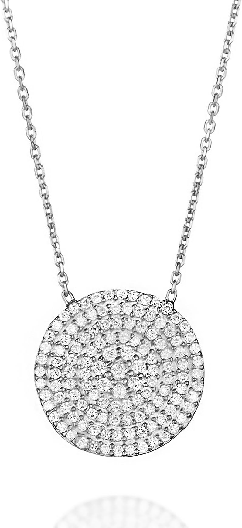 Dazzling CZ Pave Disk Necklace Solid .925 Sterling Silver Adjustable Chain 16" - 18" with 2" Extension