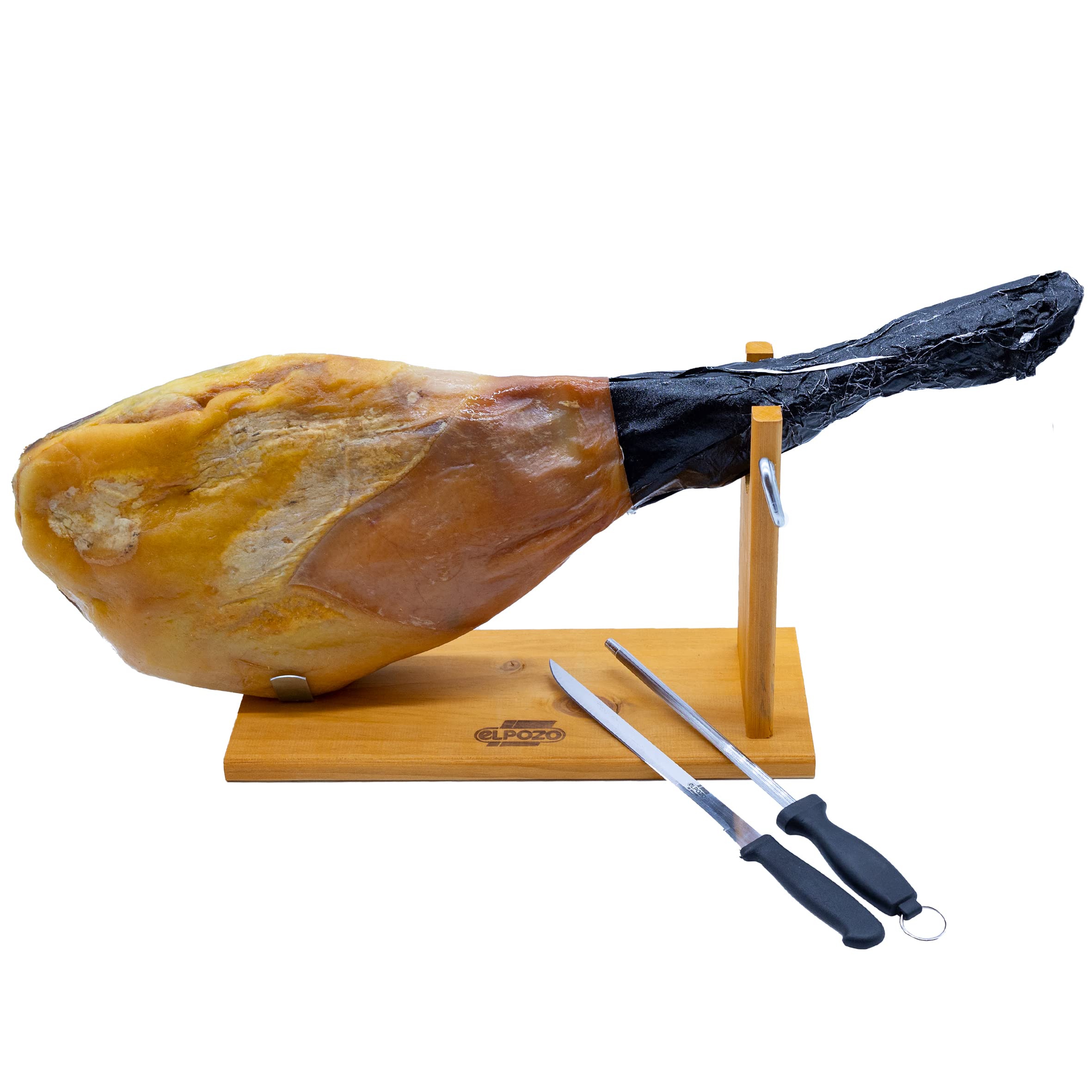 WURSTBARON® spanischer Serrano Schinken am Knochen, traditionell luftgetrocknet und gereift, inkl. Schinkenständer und Messerset, hochwertige Qualität, 7,25 kg