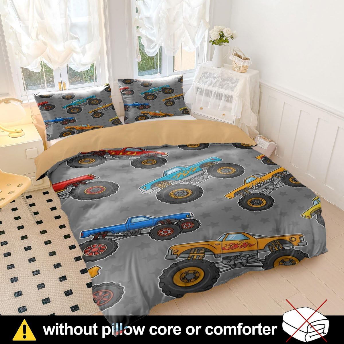 Kinder-Bettwäsche-Set mit Monster-Truck, für Einzelbett, Cartoon-Motiv, für Jungen und Mädchen, weiche Mikrofaser, 3D-Druck, Bettdeckenbezug, Schlafzimmer-Dekor (Stil 3, Einzelbett 135 x 200 cm + 50 x