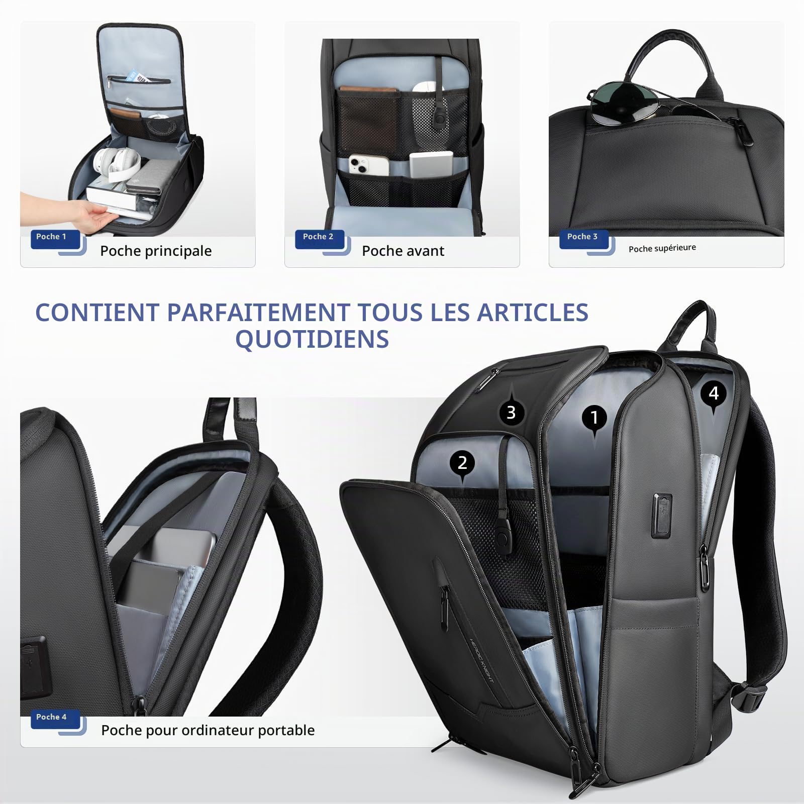 Sac à dos Homme pour Ordinateur Portable 15.6 Pouces | Unisexe Bagage à main Laptop étanche pour le bureau, le voyage, l'université avec port USB