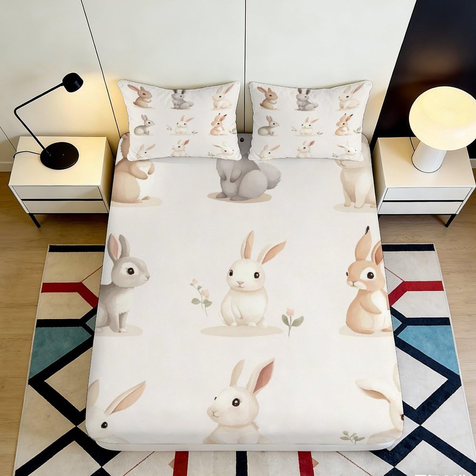3D Printed Cute Bunny Fitted Sheet Microfiber Soft Breathable Cartoon Rabbit Bed Cover for Bedroom Dormitory Guest Room Mattress Protection 180x200x25cm