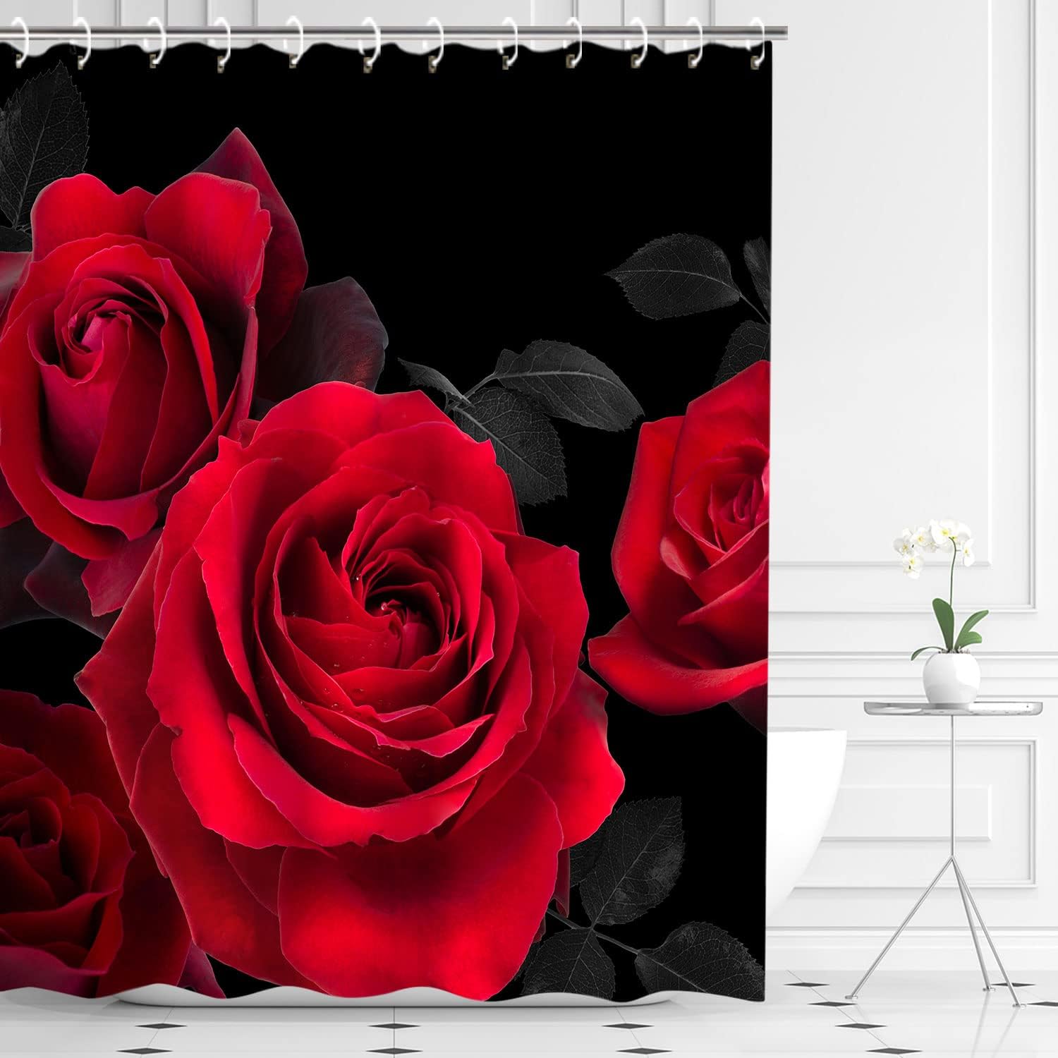 LIVILAN Red Shower Curtain for Bathroom Rose Shower Curtain Black and Red Shower Curtains Red Rose Shower Curtain with Hooks Black Floral Flower Decorative Pretty Valentine Gift, 72" W x 84" H
