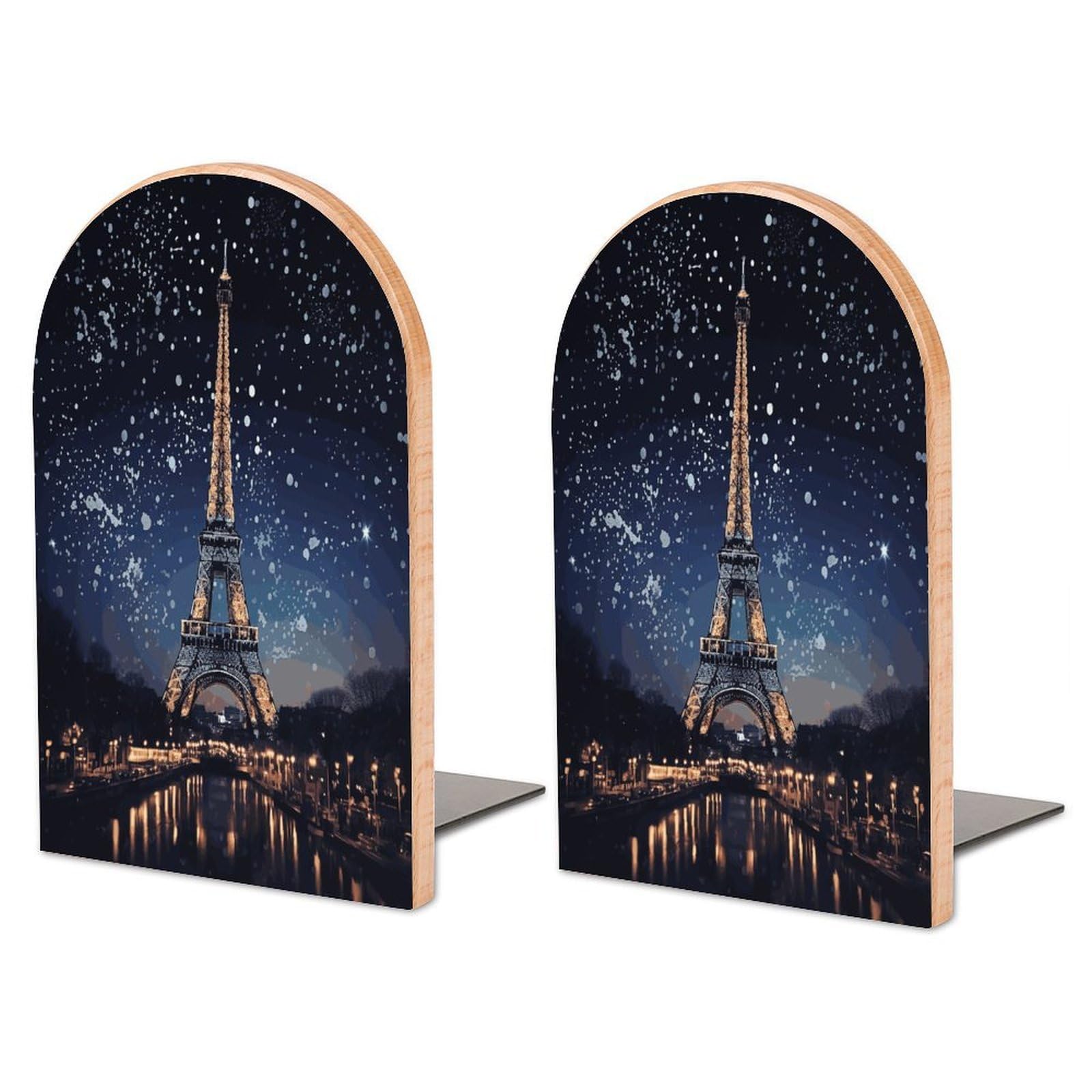 Night Paris Eiffel Tower Bookend for Shelves Wooden Book End Large Size Sturdy Book Holders Stoppers with Metal Base for Bookshelves Slick Decorative Bookends Stands