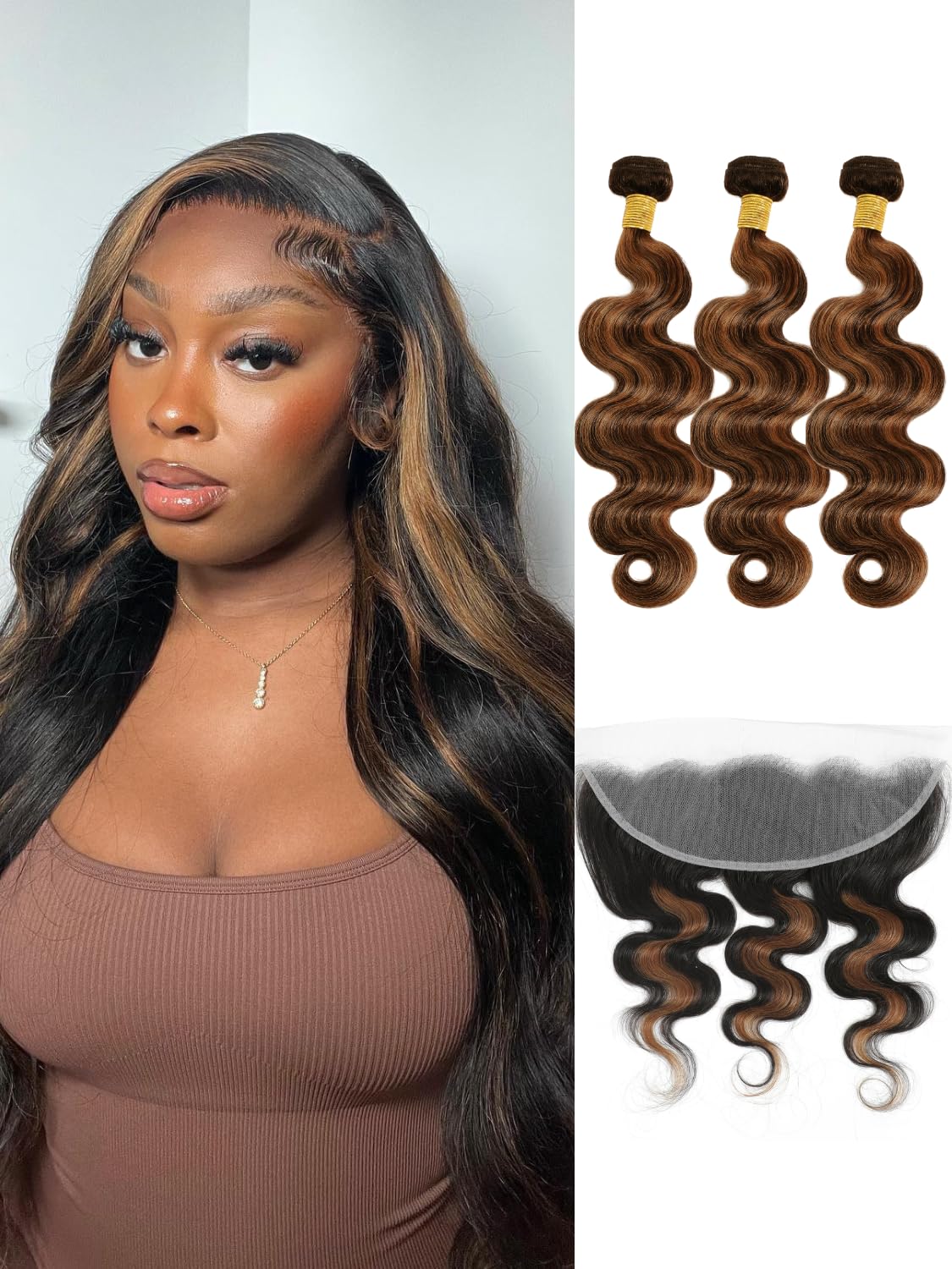 Anmetan Honey Blonde FB30 Highlight Bundles with 13x4 Lace Frontal Body Wave Human Hair, Ombre 3 Bundles with HD Transparent Lace Frontal Ear to Ear