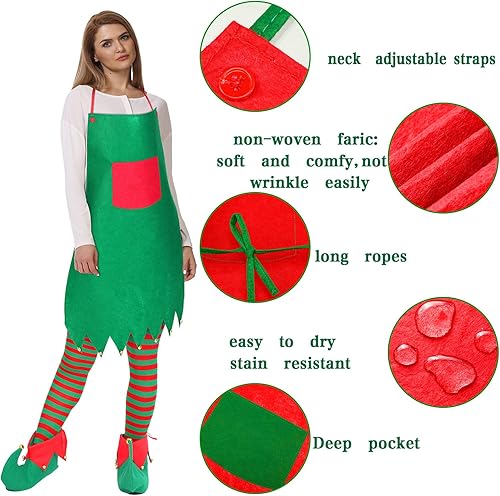 Miniatura 3 de Funtery 8 kits de disfraz de elfo de Navidad para adultos, incluye 2 delantales de elfo, 2 sombreros de elfo, 2 zapatos de elfo y 2 calcetines de
