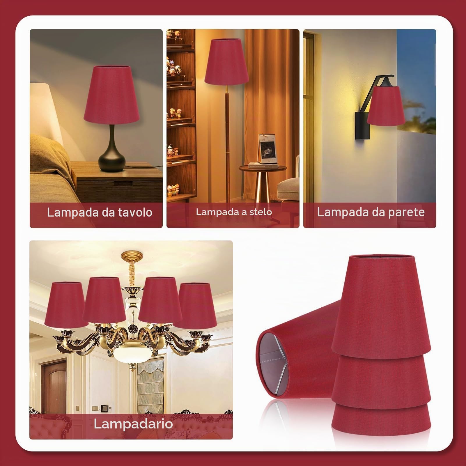 Cyrank Paralume lampadario in Tessuto E14, Set di 6 Paralume a Clip Moderno Paralume a Sospensione Paralume per lampade da Parete da Terra da Tavolo(Vino Rosso)