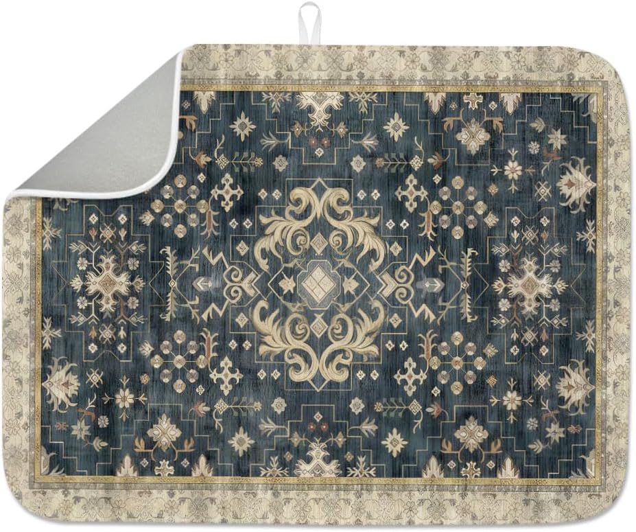 INFUNLY Boho Floral Dish Drying Mat for Kitchen Counter Vintage Blue Dish Drainer Mats Absorbent Microfiber Anti-Slip Retro Dishes Drying Pad 18x24Inch Washable for Table Countertop Sink Coffee Bar