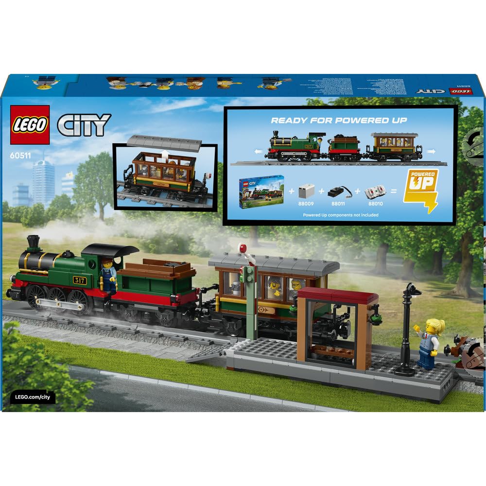 LEGO City Retro pociąg z lokomotywą parową, zabawka konstrukcyjna dla dziecka, zestaw z lokomotywą, węglarką, wagonem pasażerskim i peronem, prezent dla chłopca lub dziewczynki od 7 lat 60511