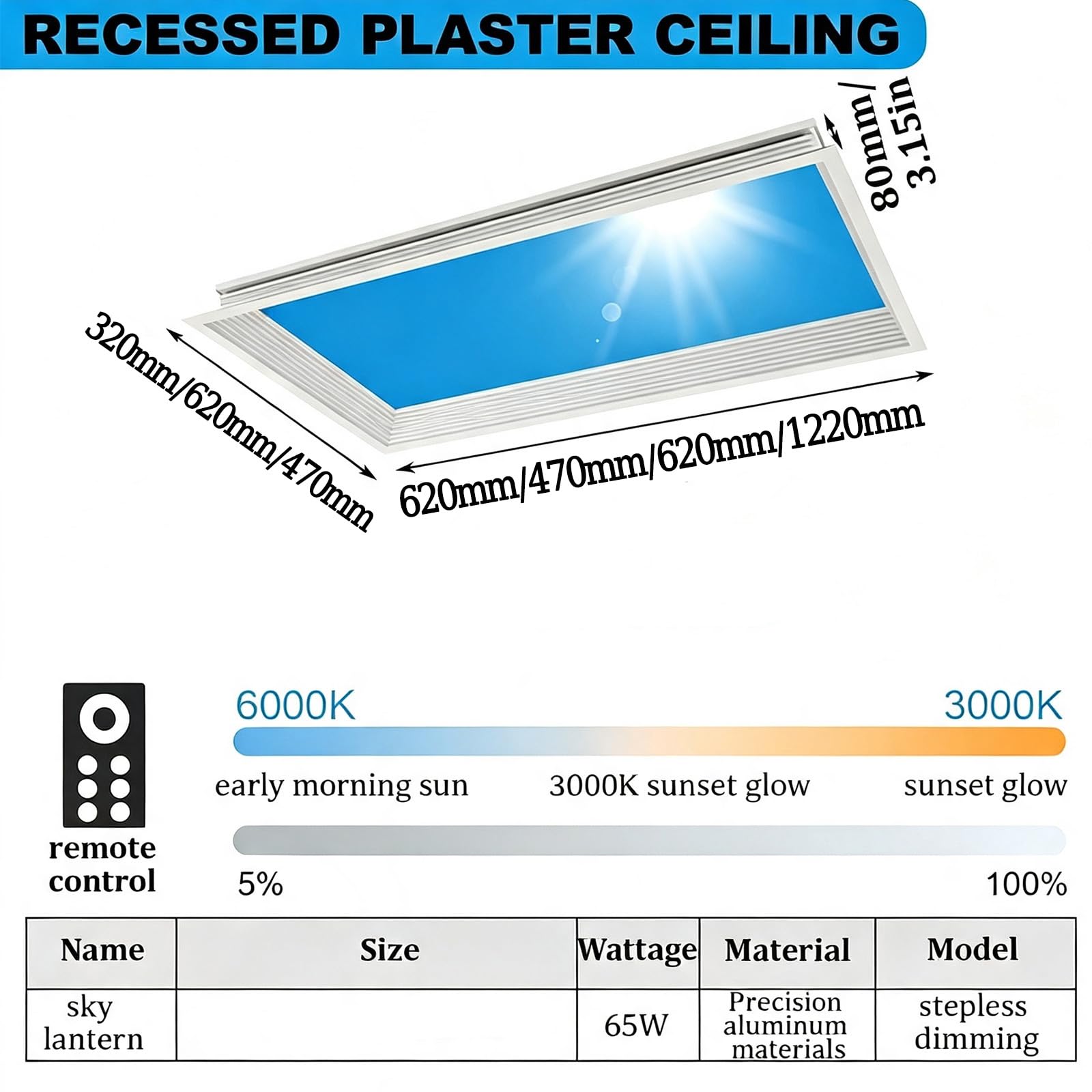 Pannello Luminoso for Finta Finestra con Telecomando, Plafoniera LED Intelligente Cielo Blu con Effetto Luce Naturale, Design Ultrasottile e dimmerabile Sky,Embedded,470 * 470mm