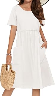 Womens Summer Midi Dress Casual Short Sleeve A-Line Cotton Linen Dress Flowly Beach Tunic Sundresses with Pockets 2025 - Buy now