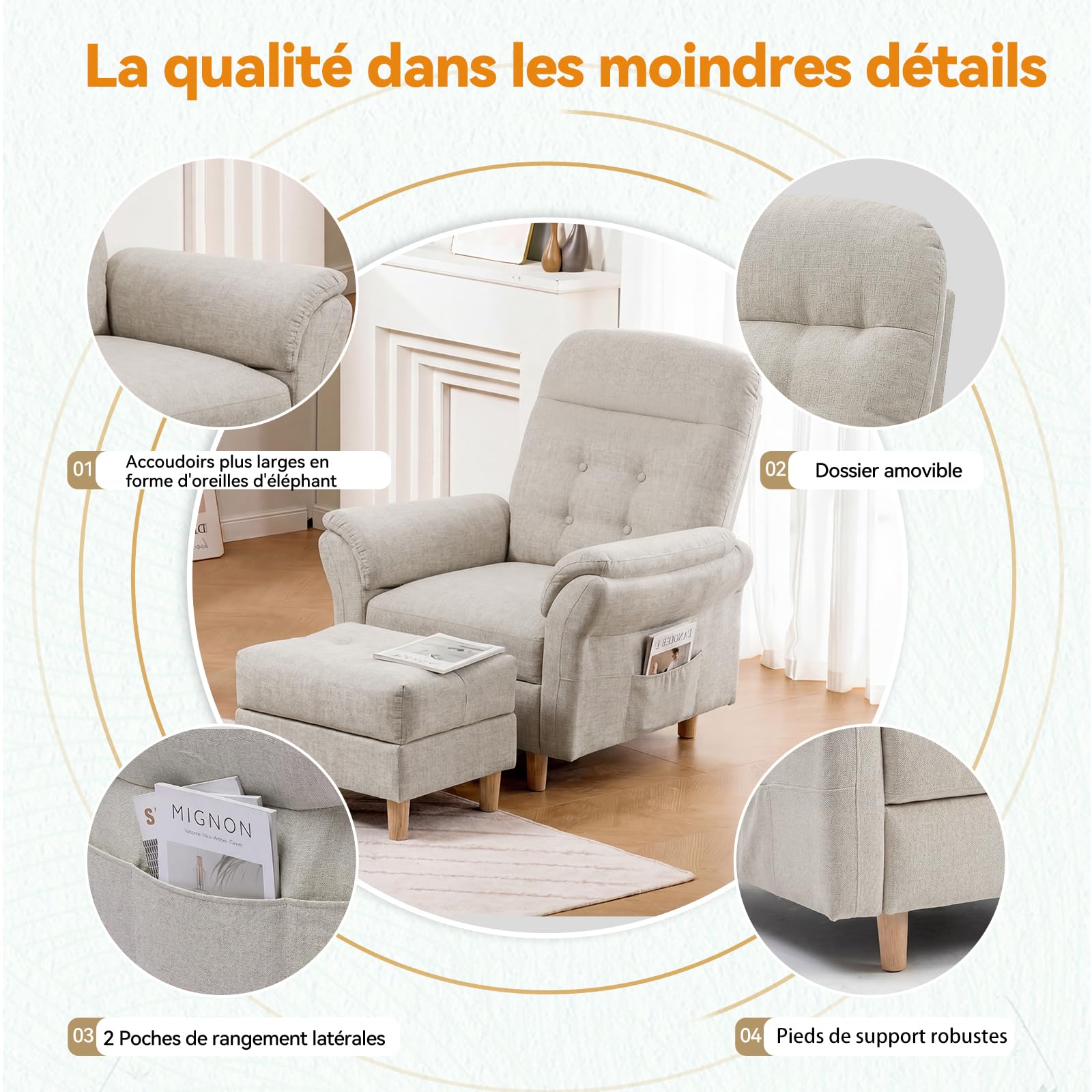 COMHOMA Fauteuil de Relaxation, Fauteuil Inclinable avec Tabouret, Dossier 4 Niveaux Réglable, Poche latérale, Fauteuils Rembourré Sac à Ressorts Simple Salon Chambre Cinéma, Chenille, Beige
