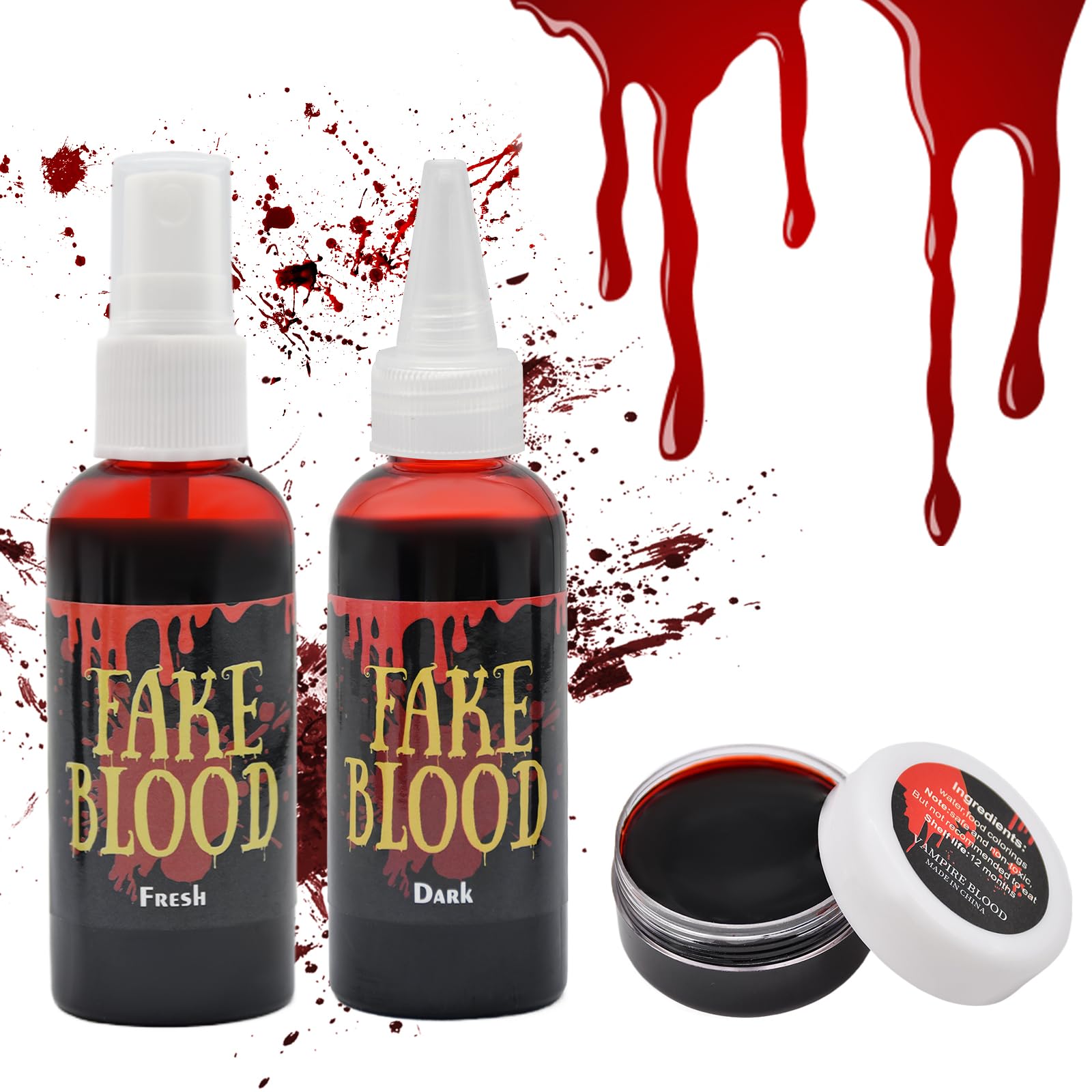 Bymugo3 Pack Halloween Fake Blood Makeup Set - 1.05 oz Coagulated Blood Gel + 2.1 oz Fake Coagulated Blood Spray + 2.1 oz Dripping Fresh Blood, Realistic Washable Special Effects SFX Cosplay Accessories