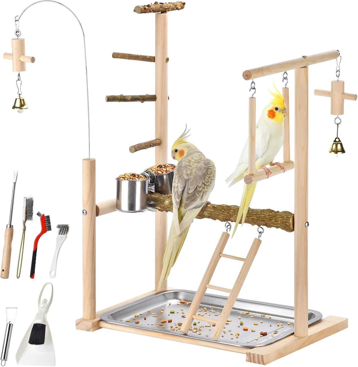 Natural Wood Parrot Playground Perch Stand with Feeder Cups, Tray, Ladder, Swing & Bells, Play Gym for Top of Cage, Cage Accessories for Lovebirds, Cockatiels, Parakeets