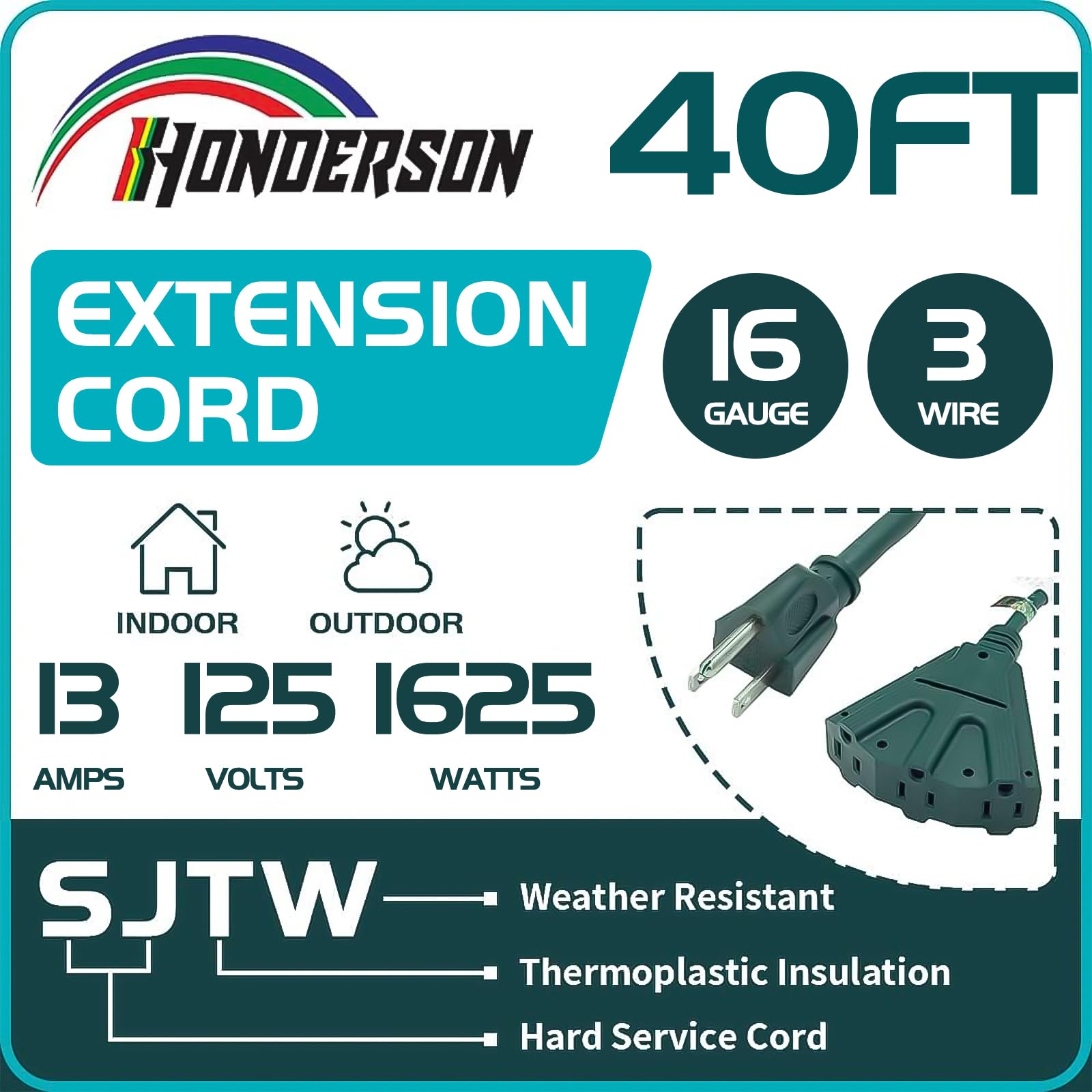 40FT Outdoor Extension Cord with 3 Electrical Power Outlets - 16/3 SJTW Durable Green Cable with 3 Prong Grounded Plug for Safety,Great for Outdoor Christmas Decorations