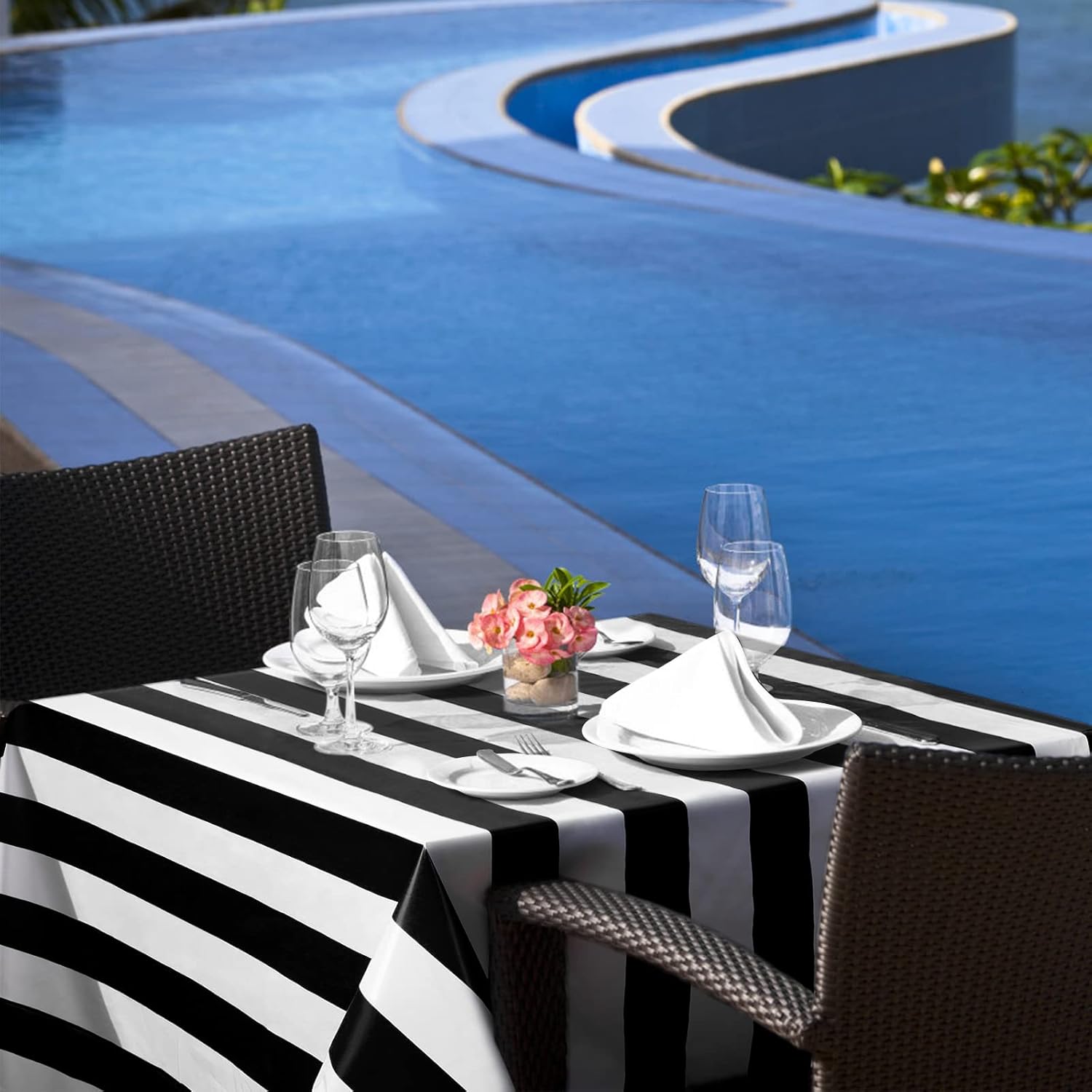 2 Pack Black and White Striped Tablecloth, 54 x 108 Inch Waterproof Disposable Plastic Table Cover, Rectangular Table Cloths for Holiday Halloween Birthday Party Picnic Decoratio