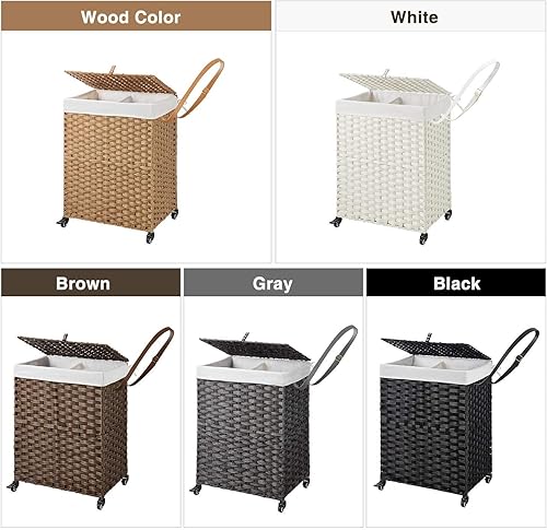 Miniatura 7 de GREENSTELL Cesto para ropa sucia con ruedas, no necesita instalación, cestas tejidas a mano divididas de 90 litros y 2 bolsas de forro extraíbles,