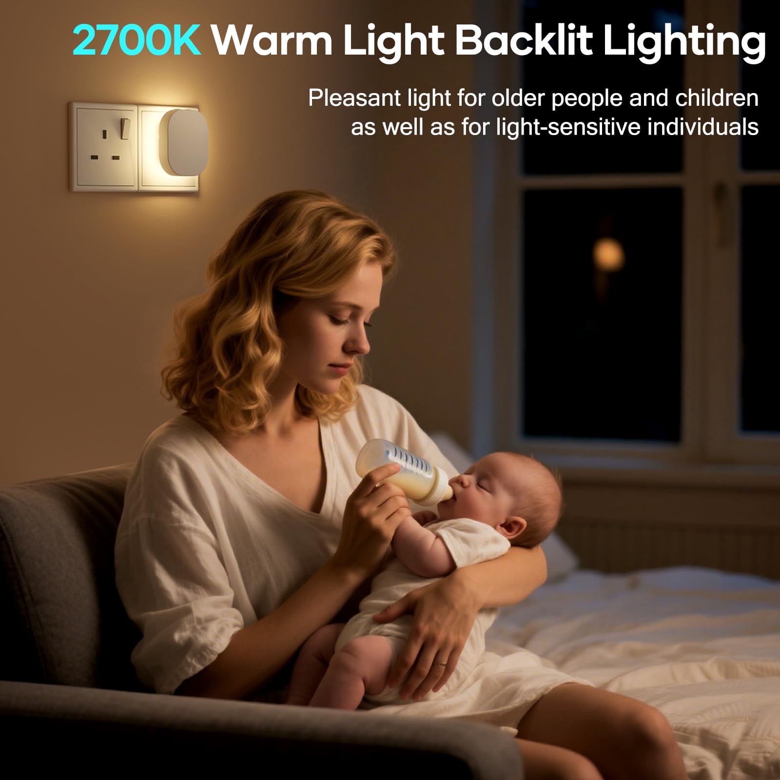2 Pack Backlit Night Light Plug in Wall with Motion Sensor, Dimmable 0.5-70lm, AUTO/ON/Off, 2700K Warm - Image 4