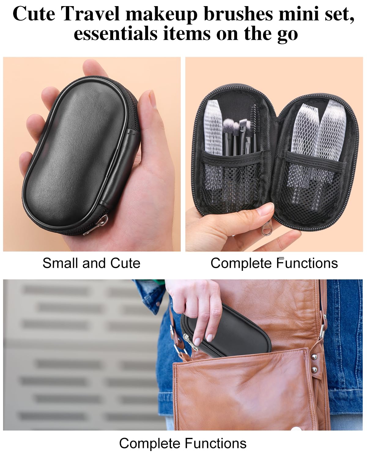 Mini Travel Makeup Brushes Portable Set, 14 Pieces, Full Complete Function Cosmetic Kit with Brush Pouch, On the Go Short Makeup Brush Small Travel Essentials for Women, Girls (Black) image 5 of 6 B0DRV573GX