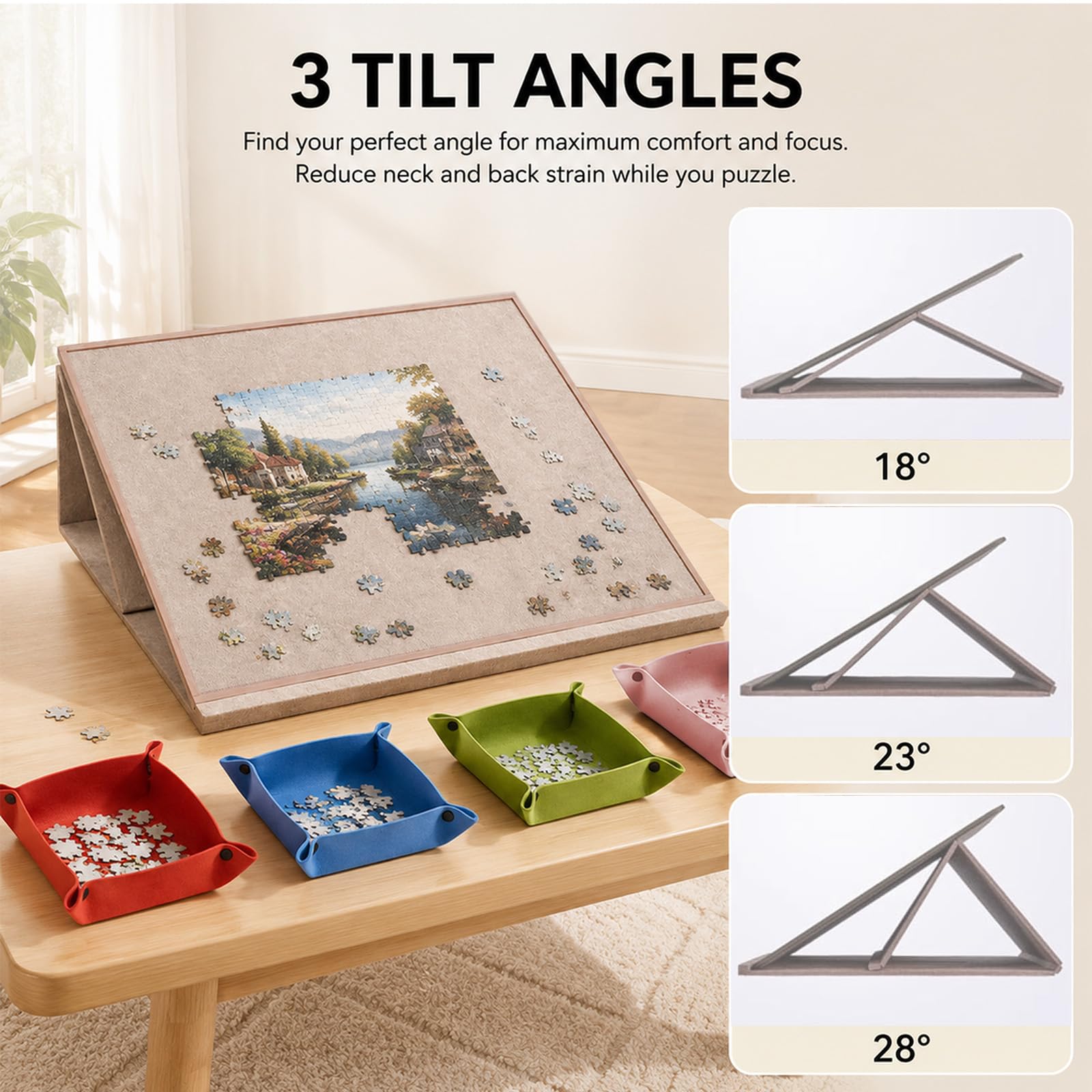 Plateau de Puzzle Pliable 1000 Pièces avec 6 Bols de Tri Colorés, Couverture 2-en-1 et Support de Puzzle, Camel