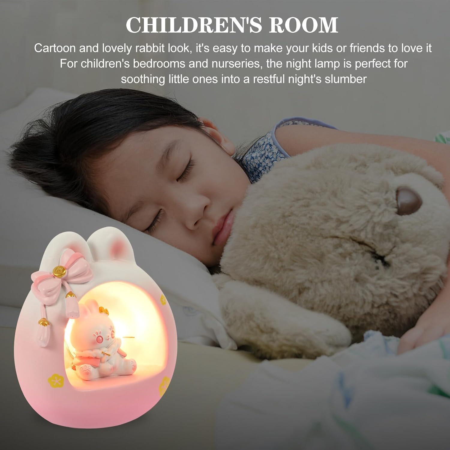 ERINGOGO Rabbit Night Light for Bedroom, Resin Bedside Nightlight with Soft Glow, Pink Cartoon Night Lamp for Nursery and Sleep