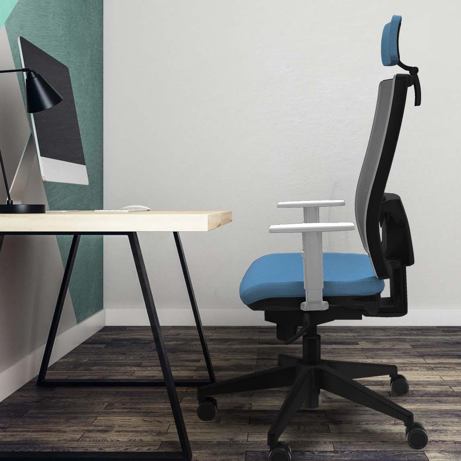 Piqueras y Crespo - Apoyo Lumbar para Silla Hornas con cabecero 2D, Brazos Blancos y Mecanismo sincro de 5 Posiciones, Ideal para teletrabajar y estudiar.