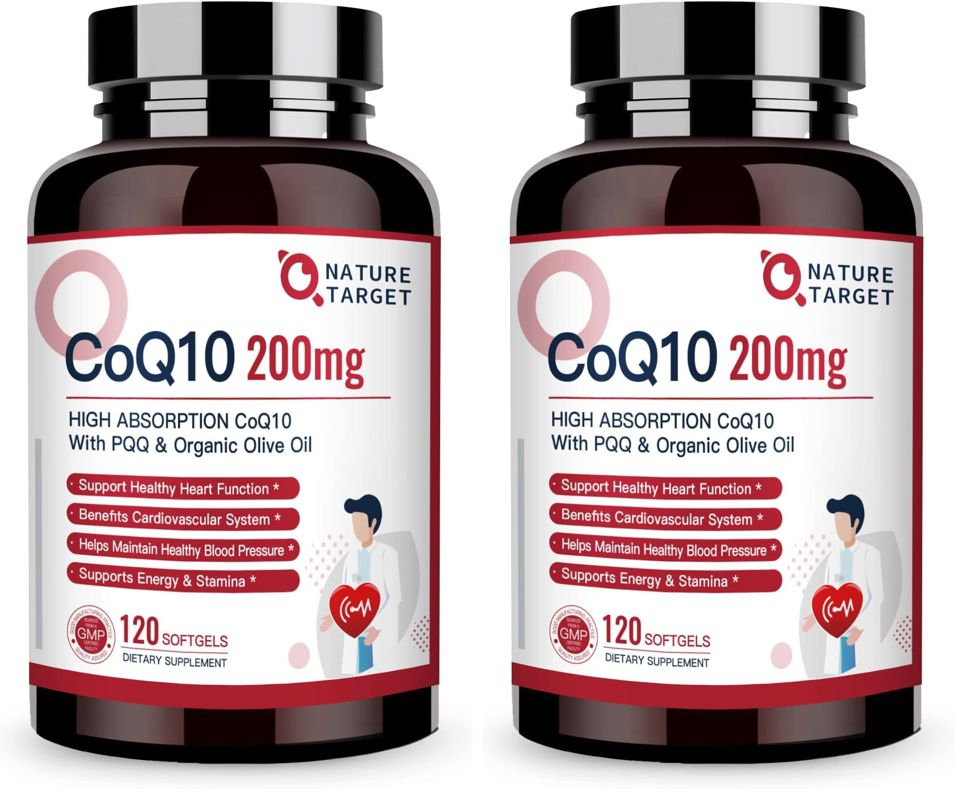 NATURE TARGET CoQ10-200mg-Softgels + PQQ with Organic-Olive-Oil - High Absorption-Coenzyme-Q10 - Antioxidant-for-Heart-Health and Immune Support, Energy Production, 120 Servings (Pack of 2) 120 Count (Pack of 2)