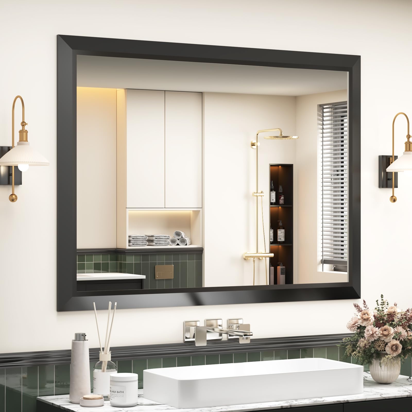 SMIROR Matte Black Bathroom Mirror for Over Sink 48x 36 inch, Metal Thick Frame Rectangle Vanity Mirror for Wall, Anti-Rust, Horizontally or